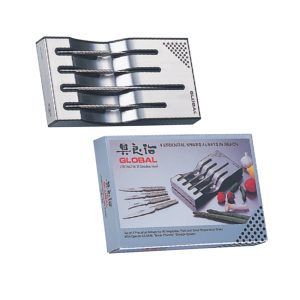 Conjunto Global G-88/1523 – Conjunto de 4 facas (GSF-15, GSF-16, GSF-17 e GSF-22) com suporte para tabuleiro