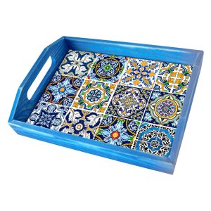 Tabuleiro de Madeira Azul Retangular com Azulejo 15×20
